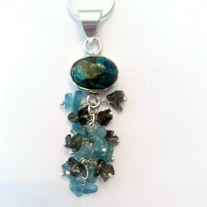 2 inch, Grapes Copper Chrysocolla, and Blue Quartz on a 20 inch silver chain.